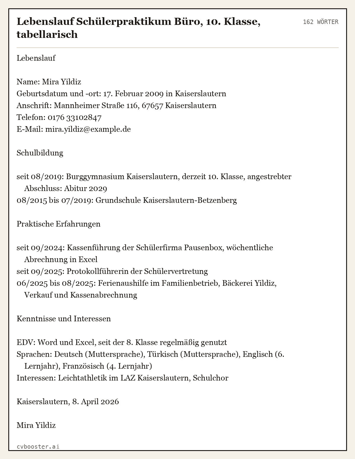 Ausgearbeitetes Beispiel: Lebenslauf Schülerpraktikum Büro, 10. Klasse, tabellarisch, 162 Wörter