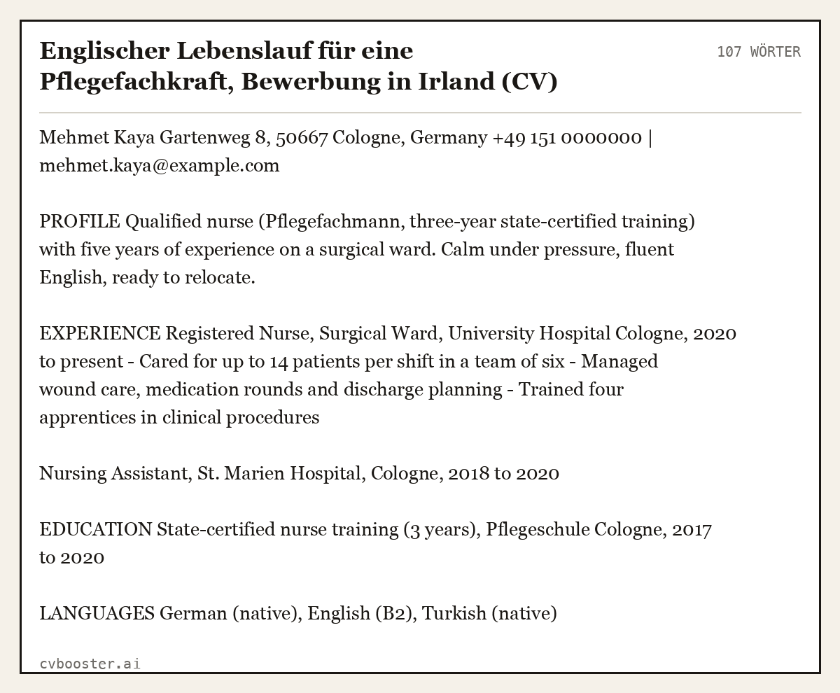 Ausgearbeitetes Beispiel: Englischer Lebenslauf für eine Pflegefachkraft, Bewerbung in Irland (CV), 107 Wörter