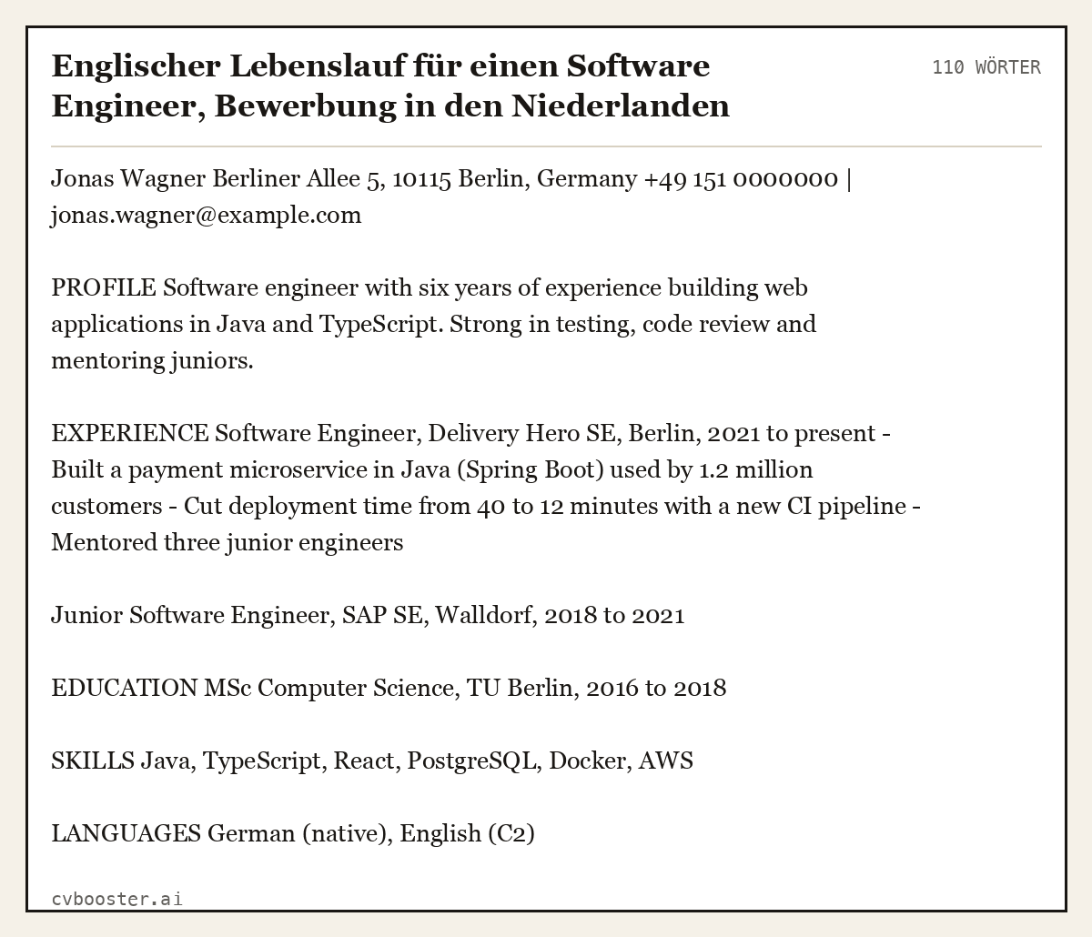 Ausgearbeitetes Beispiel: Englischer Lebenslauf für einen Software Engineer, Bewerbung in den Niederlanden, 110 Wörter
