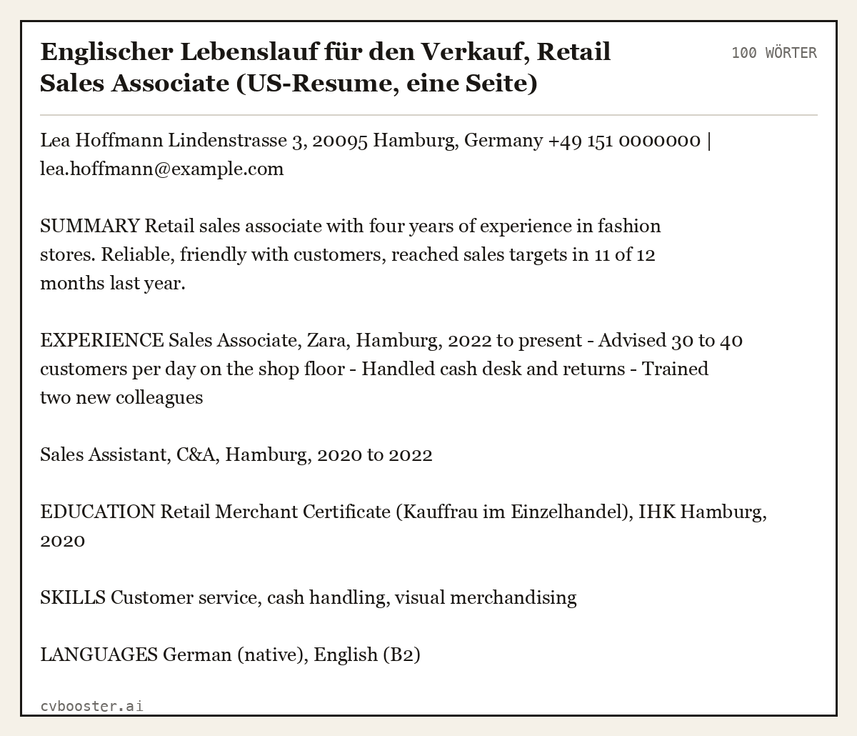 Ausgearbeitetes Beispiel: Englischer Lebenslauf für den Verkauf, Retail Sales Associate (US-Resume, eine Seite), 100 Wörter