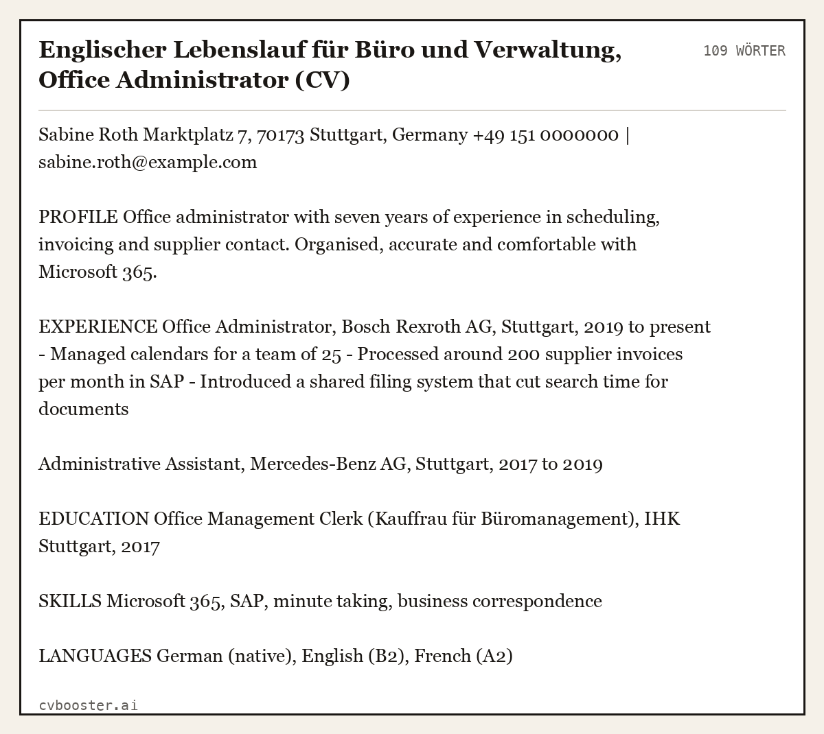 Ausgearbeitetes Beispiel: Englischer Lebenslauf für Büro und Verwaltung, Office Administrator (CV), 109 Wörter