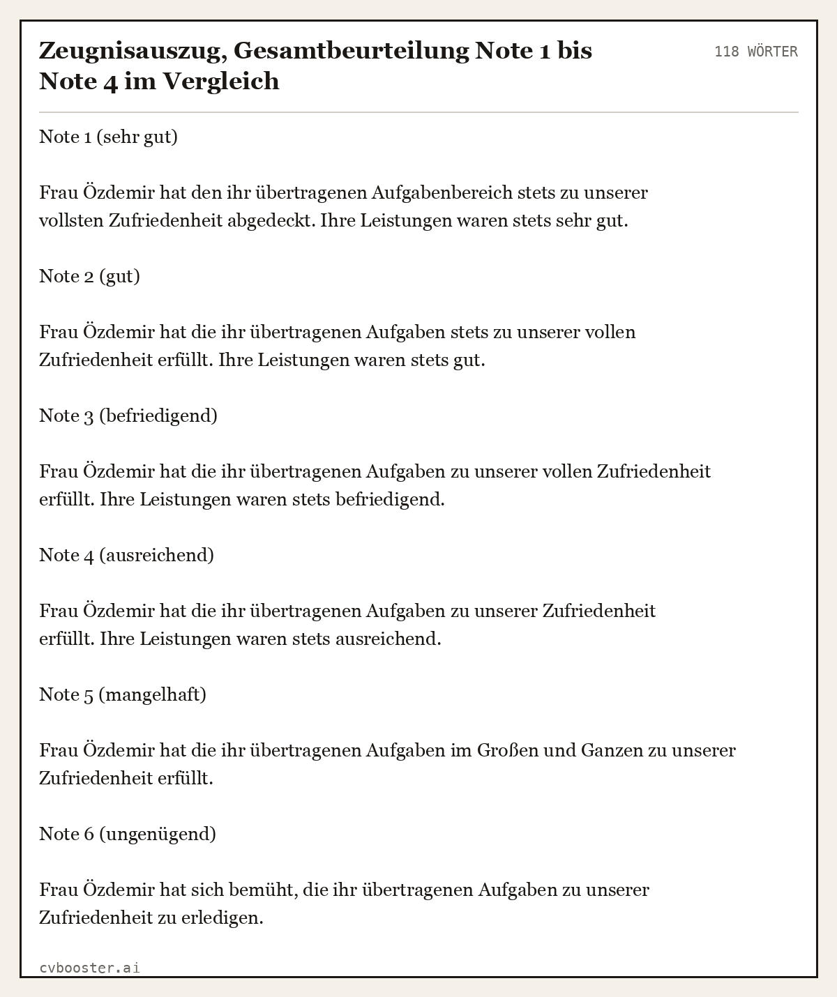 Ausgearbeitetes Beispiel: Zeugnisauszug, Gesamtbeurteilung Note 1 bis Note 4 im Vergleich, 118 Wörter