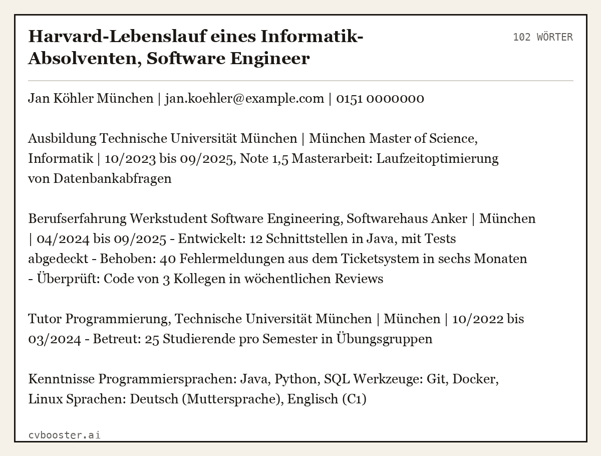 Ausgearbeitetes Beispiel: Harvard-Lebenslauf eines Informatik-Absolventen, Software Engineer, 102 Wörter