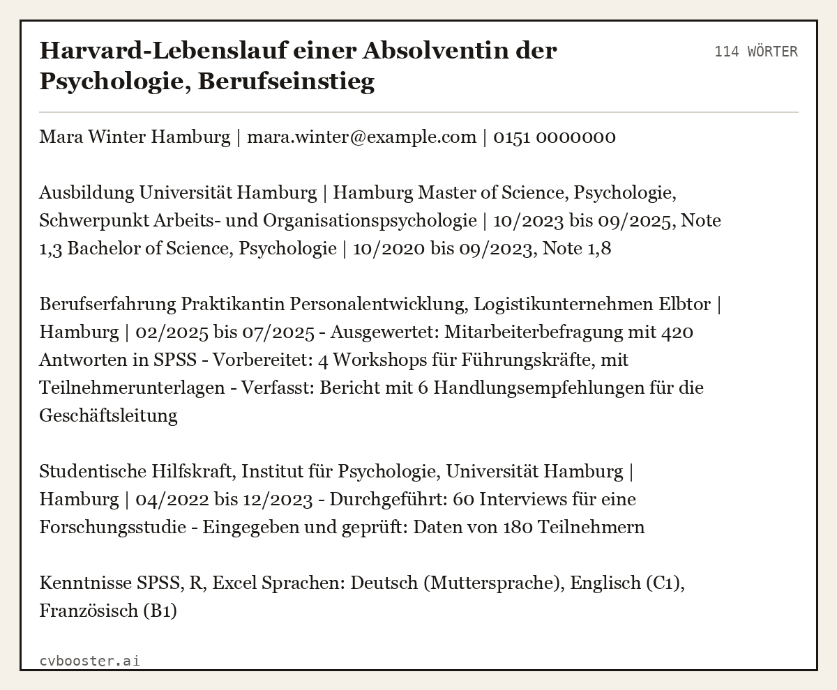Ausgearbeitetes Beispiel: Harvard-Lebenslauf einer Absolventin der Psychologie, Berufseinstieg, 114 Wörter