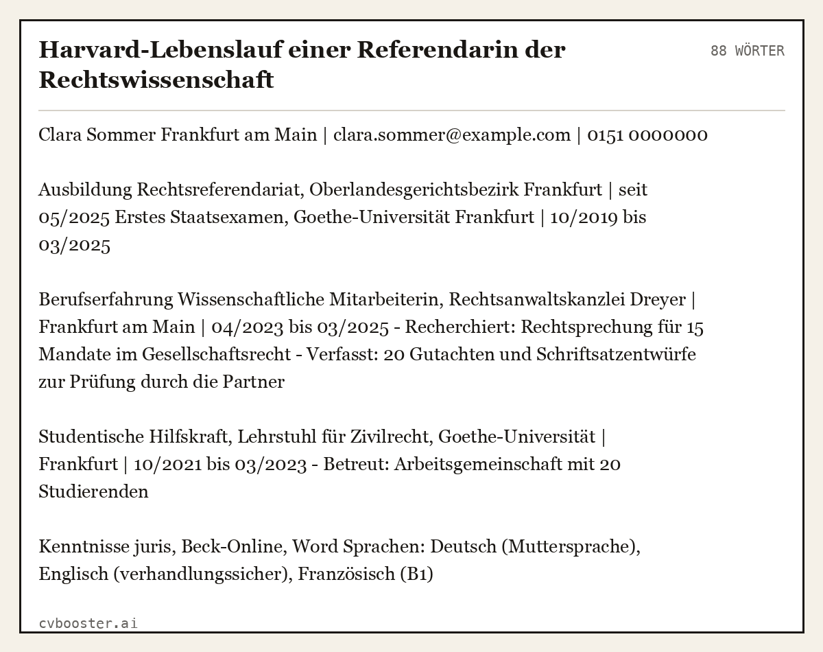 Ausgearbeitetes Beispiel: Harvard-Lebenslauf einer Referendarin der Rechtswissenschaft, 88 Wörter