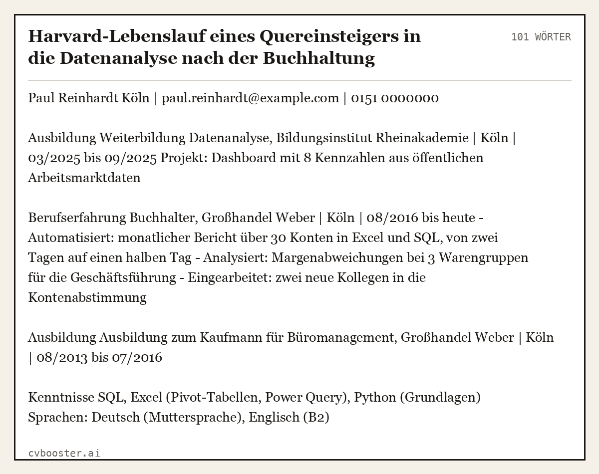 Ausgearbeitetes Beispiel: Harvard-Lebenslauf eines Quereinsteigers in die Datenanalyse nach der Buchhaltung, 101 Wörter