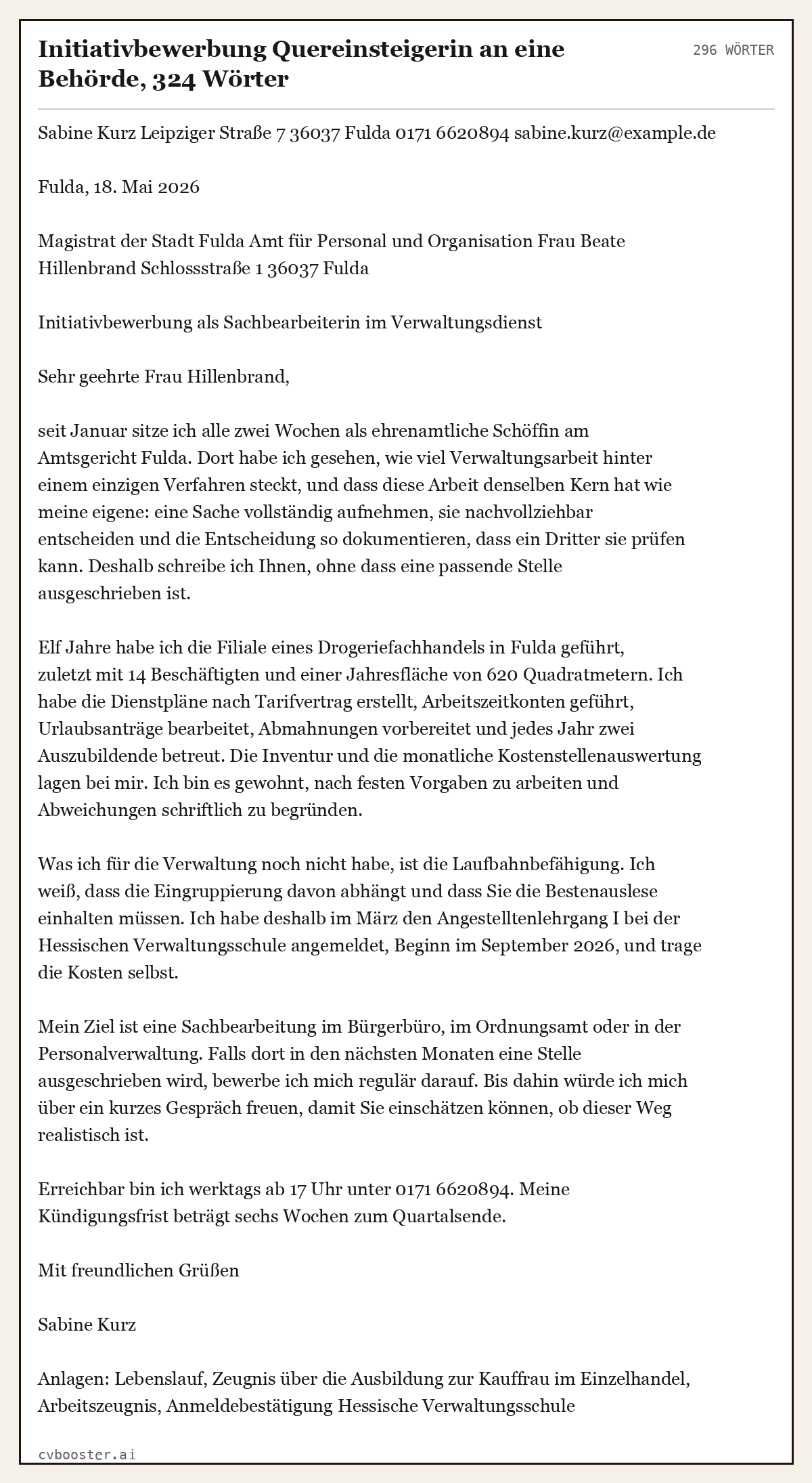 Ausgearbeitetes Beispiel: Initiativbewerbung Quereinsteigerin an eine Behörde, 324 Wörter, 296 Wörter