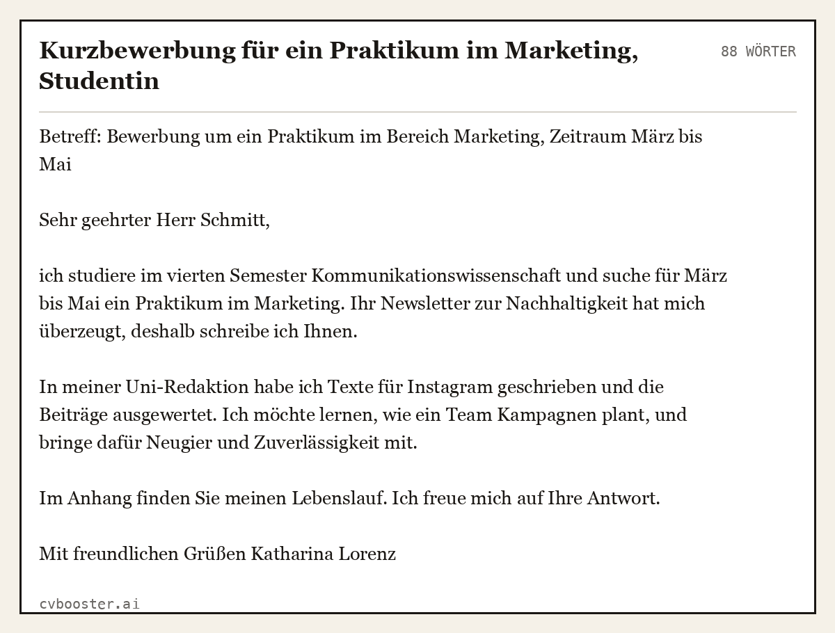 Ausgearbeitetes Beispiel: Kurzbewerbung für ein Praktikum im Marketing, Studentin, 88 Wörter