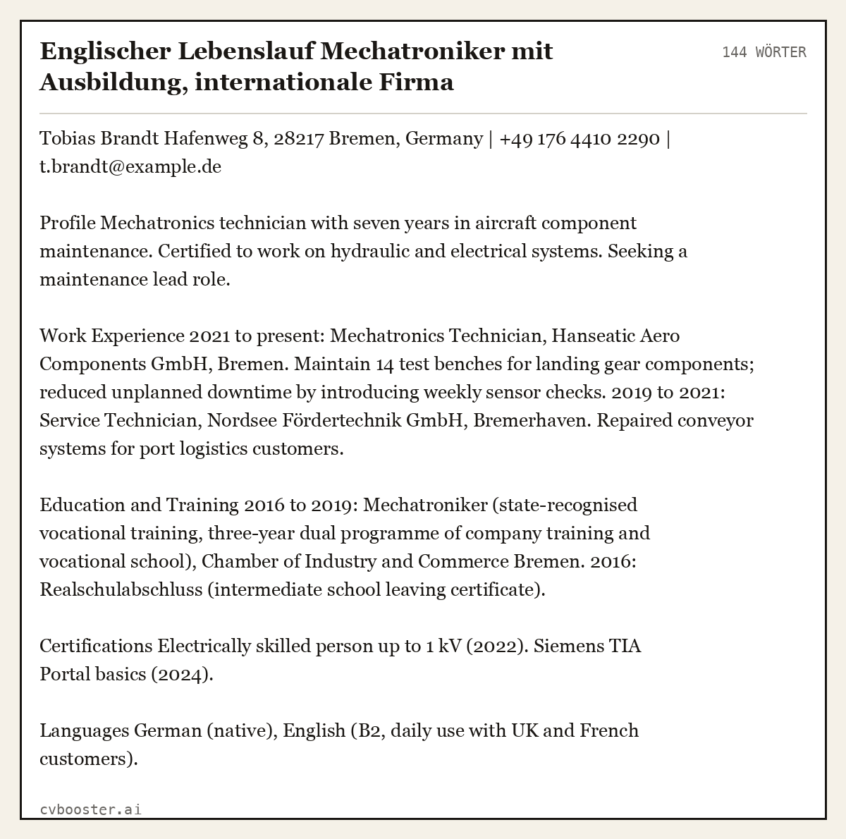 Ausgearbeitetes Beispiel: Englischer Lebenslauf Mechatroniker mit Ausbildung, internationale Firma, 144 Wörter