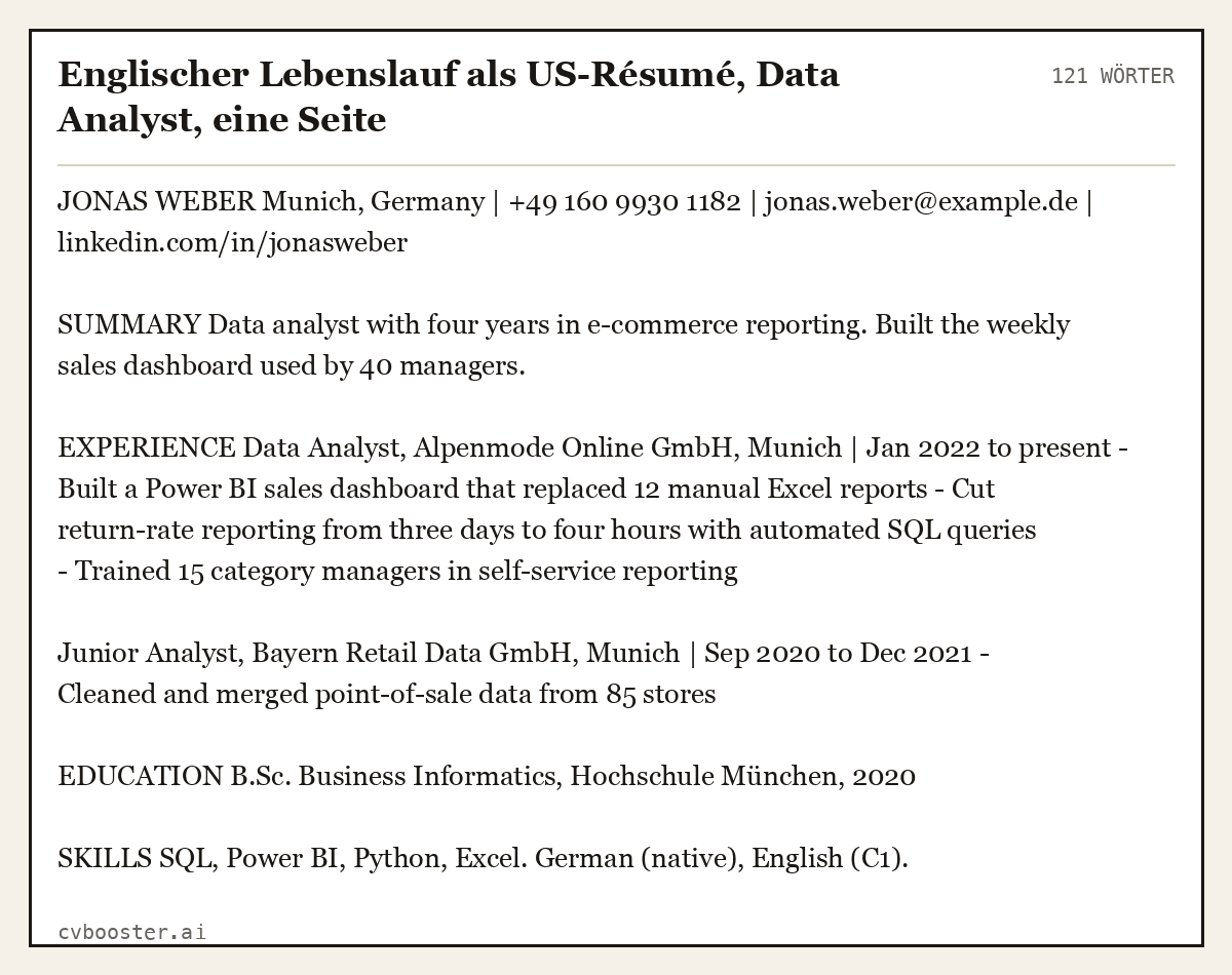 Ausgearbeitetes Beispiel: Englischer Lebenslauf als US-Résumé, Data Analyst, eine Seite, 121 Wörter
