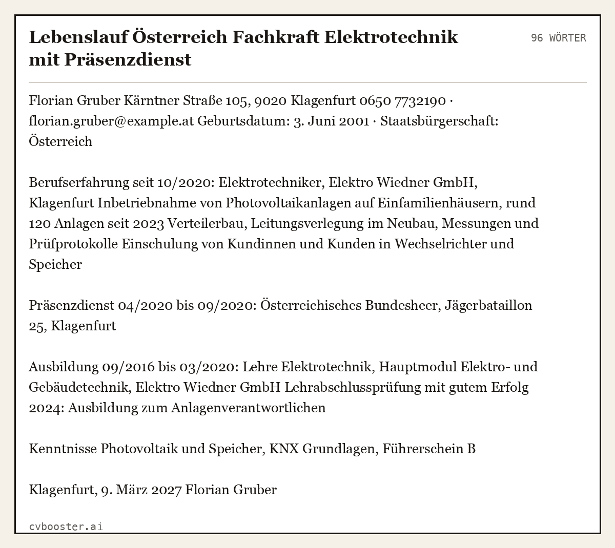 Ausgearbeitetes Beispiel: Lebenslauf Österreich Fachkraft Elektrotechnik mit Präsenzdienst, 96 Wörter