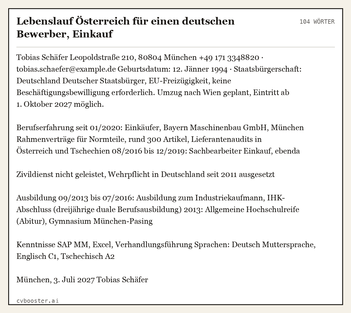 Ausgearbeitetes Beispiel: Lebenslauf Österreich für einen deutschen Bewerber, Einkauf, 104 Wörter