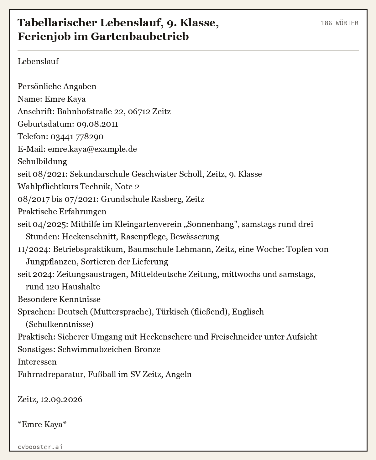 Ausgearbeitetes Beispiel: Tabellarischer Lebenslauf, 9. Klasse, Ferienjob im Gartenbaubetrieb, 186 Wörter