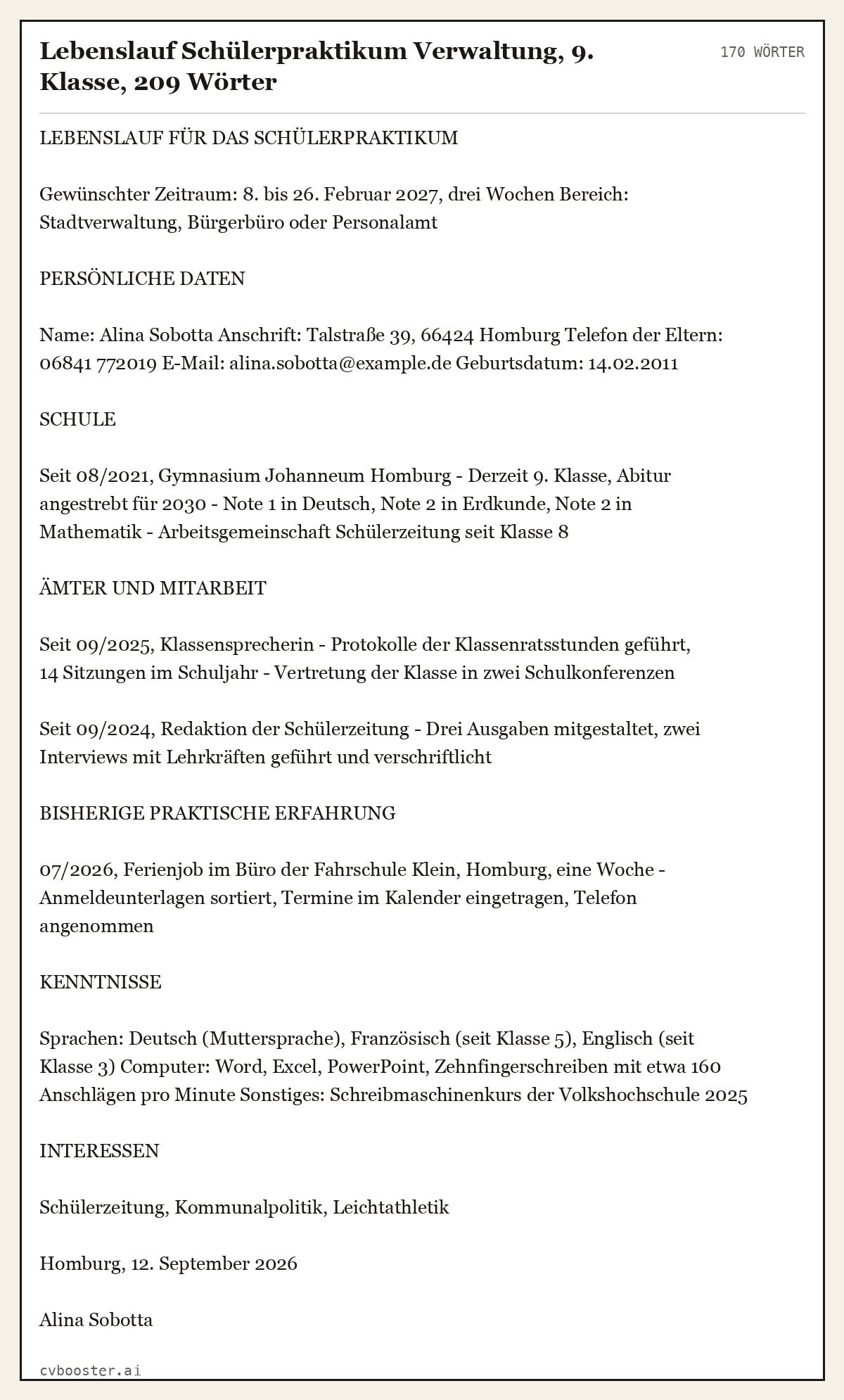 Ausgearbeitetes Beispiel: Lebenslauf Schülerpraktikum Verwaltung, 9. Klasse, 170 Wörter