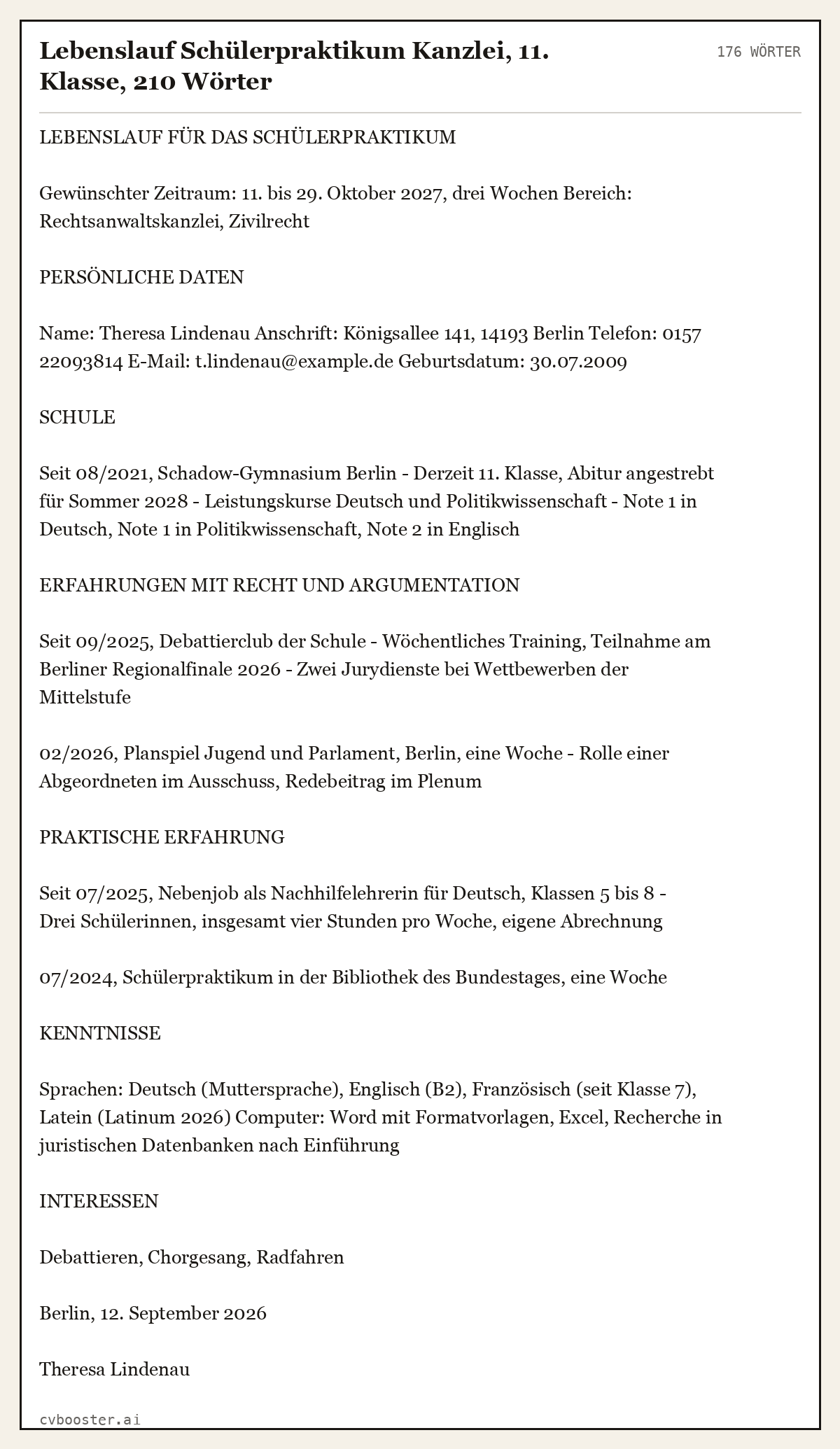 Ausgearbeitetes Beispiel: Lebenslauf Schülerpraktikum Kanzlei, 11. Klasse, 176 Wörter