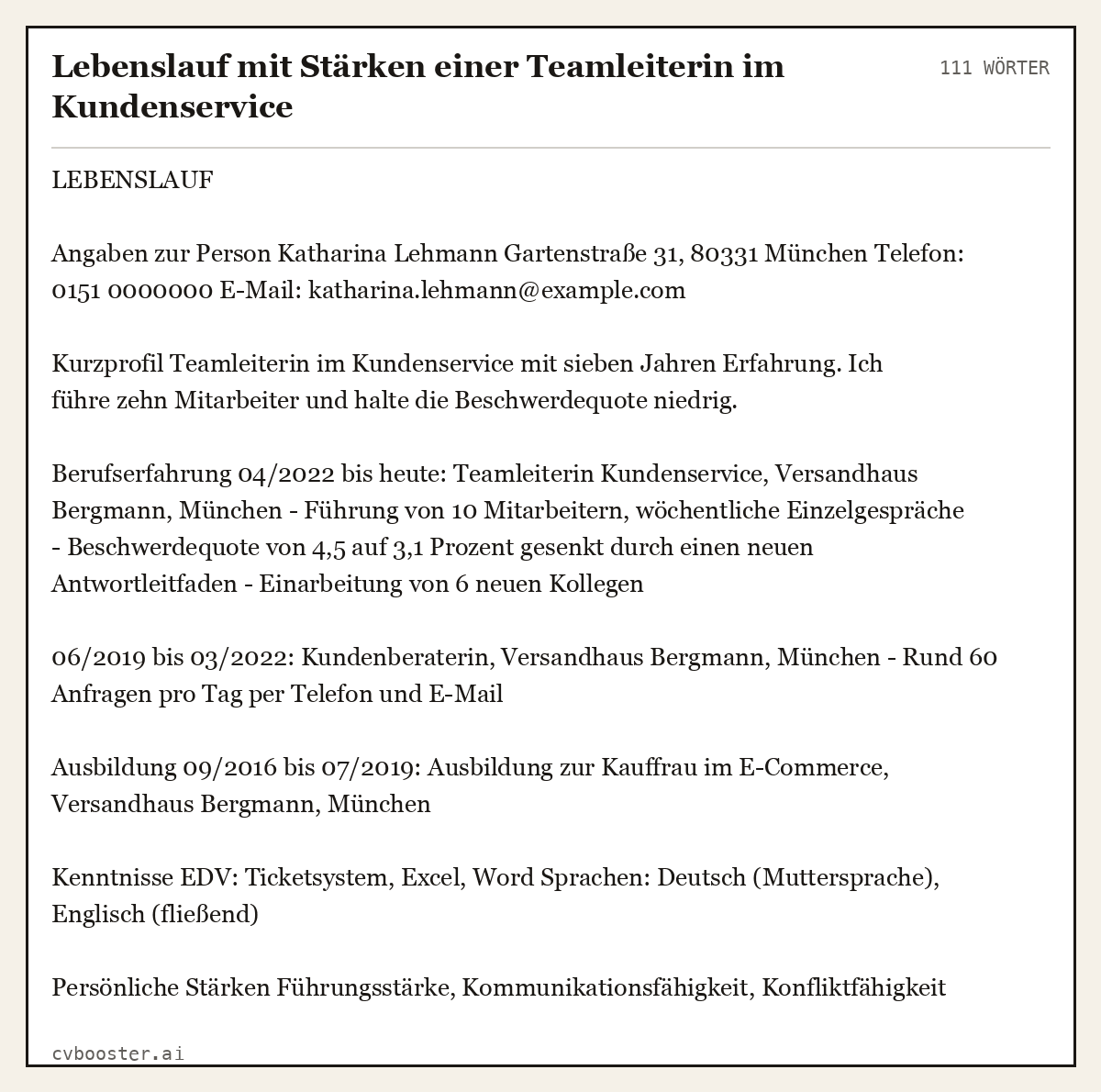 Ausgearbeitetes Beispiel: Lebenslauf mit Stärken einer Teamleiterin im Kundenservice, 111 Wörter