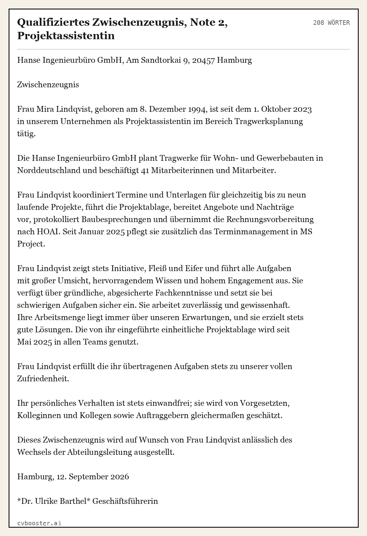 Ausgearbeitetes Beispiel: Qualifiziertes Zwischenzeugnis, Note 2, Projektassistentin, 208 Wörter
