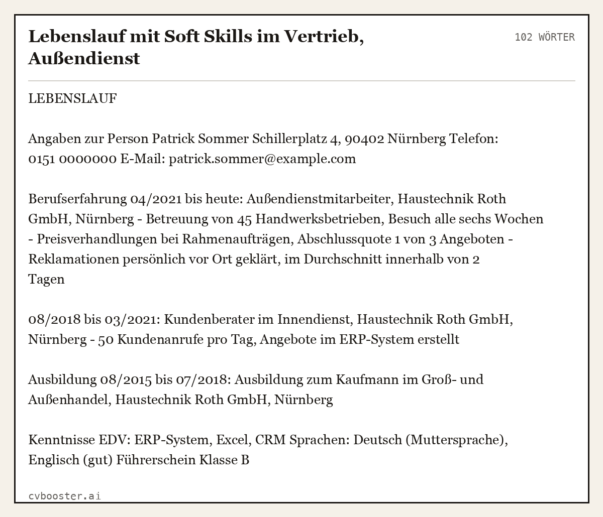 Ausgearbeitetes Beispiel: Lebenslauf mit Soft Skills im Vertrieb, Außendienst, 102 Wörter