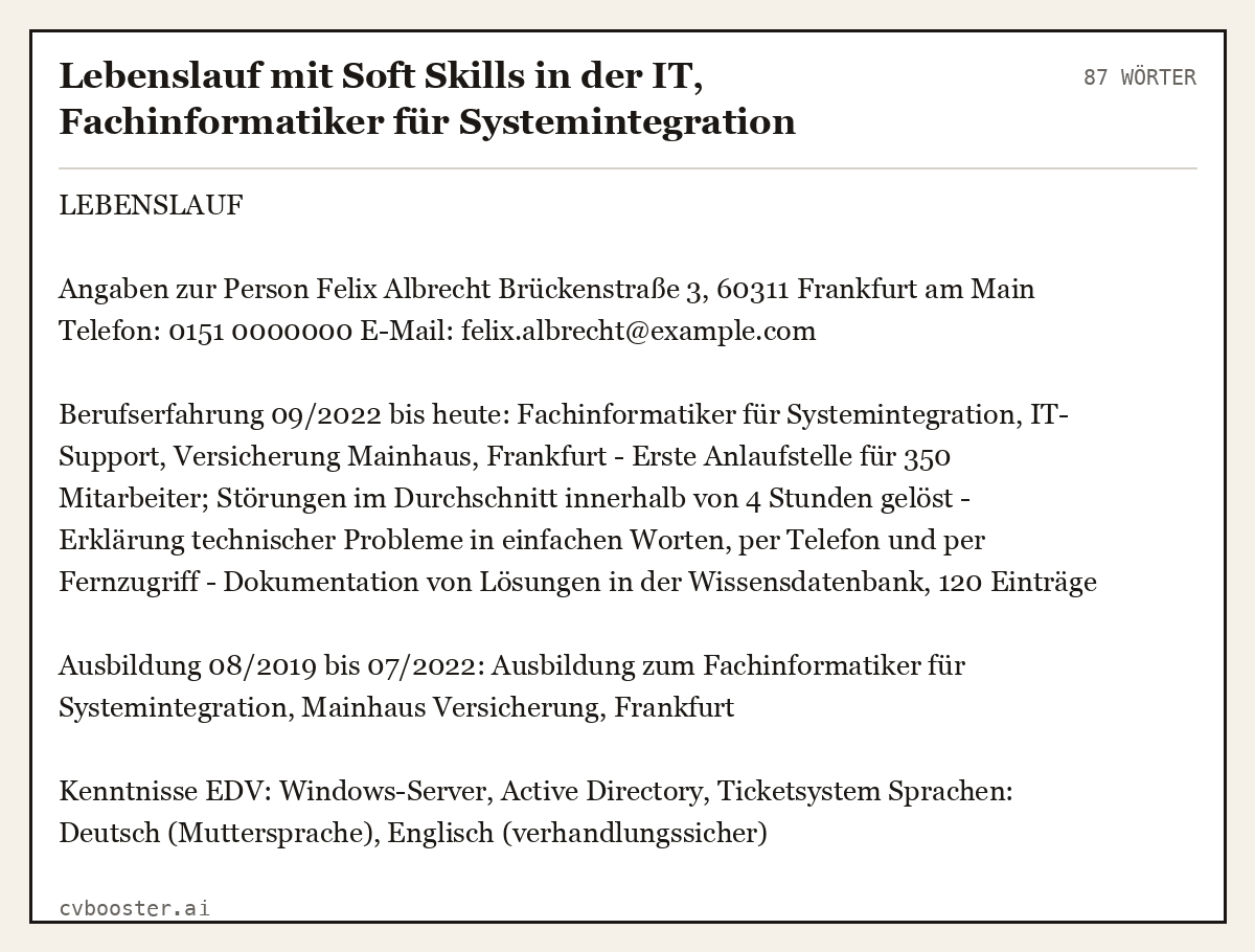 Ausgearbeitetes Beispiel: Lebenslauf mit Soft Skills in der IT, Fachinformatiker für Systemintegration, 87 Wörter