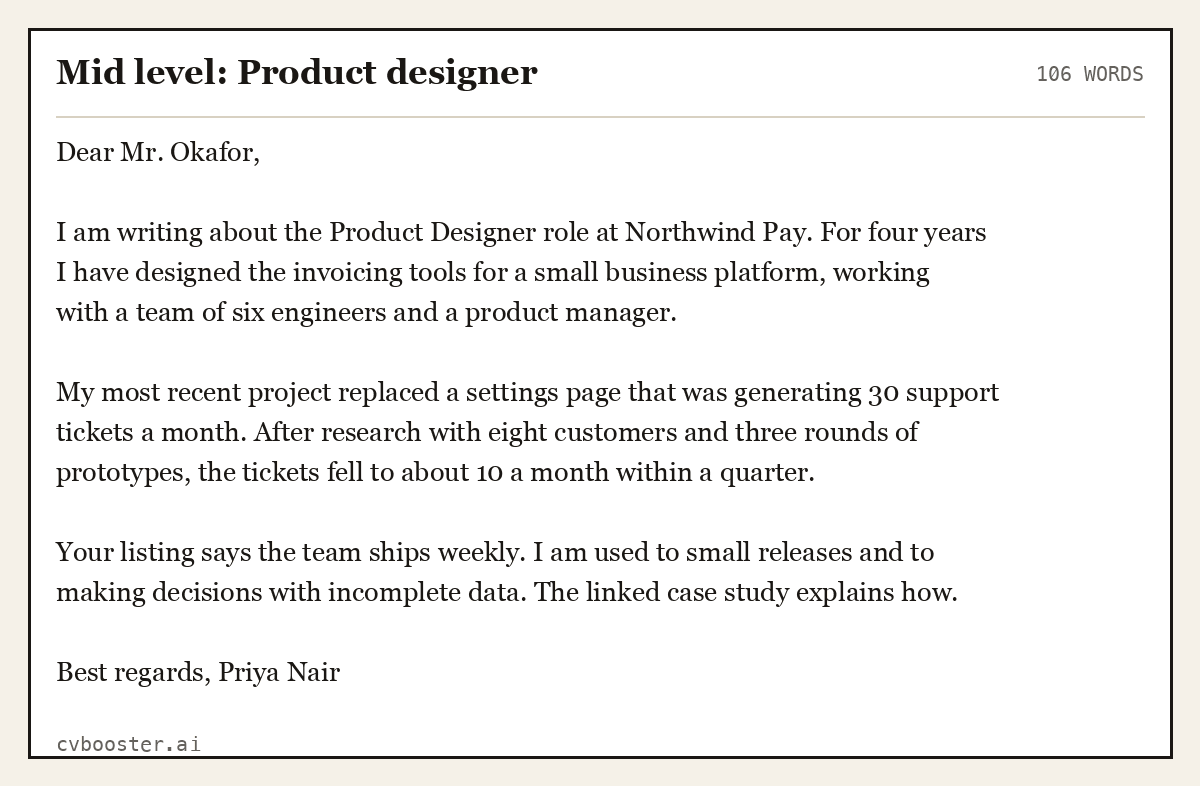 Complete Mid level: Product designer example, 106 words, laid out as it would sit in the application form