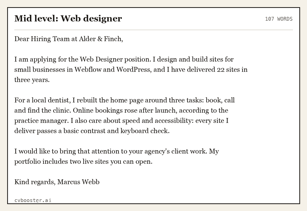 Complete Mid level: Web designer example, 107 words, laid out as it would sit in the application form