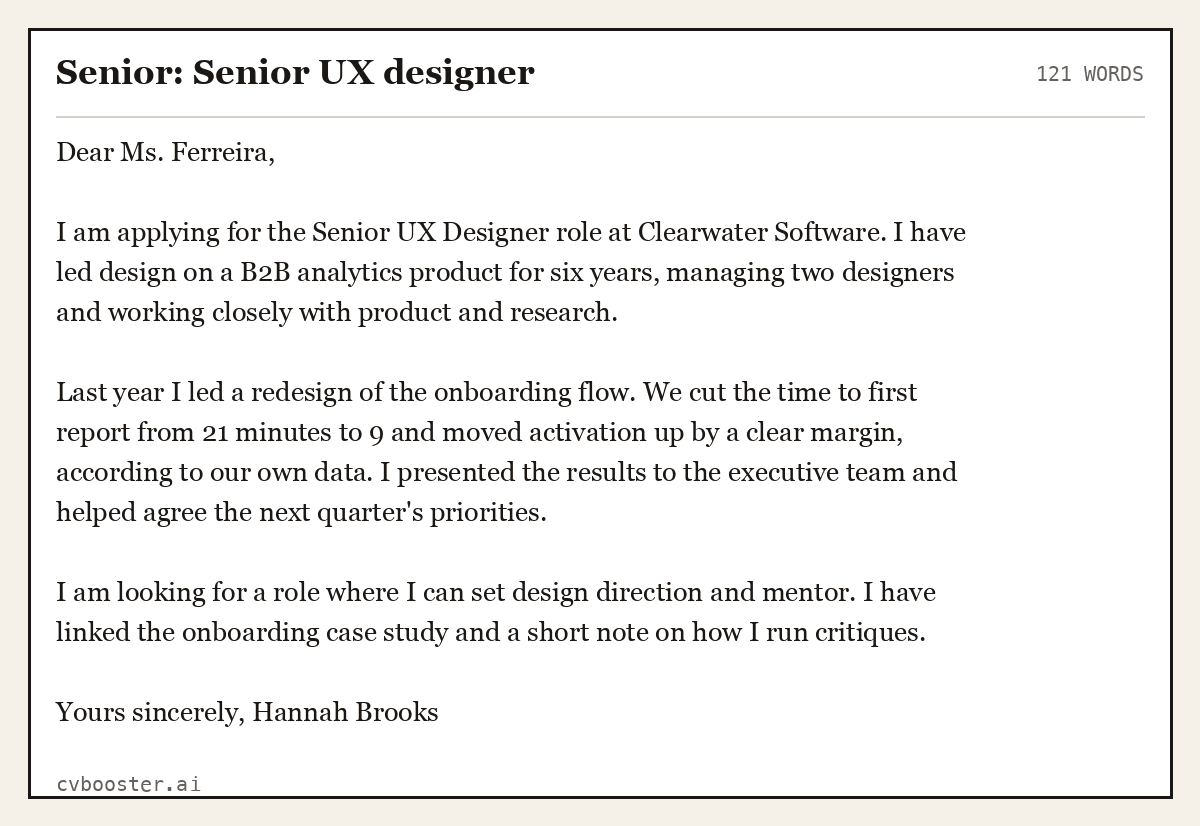 Complete Senior: Senior UX designer example, 121 words, laid out as it would sit in the application form