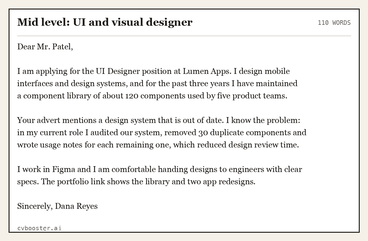 Complete Mid level: UI and visual designer example, 110 words, laid out as it would sit in the application form