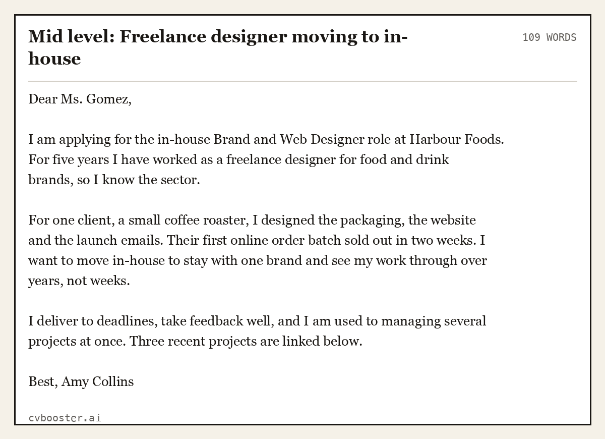 Mid level: Freelance designer moving to in-house, complete example, 109 words