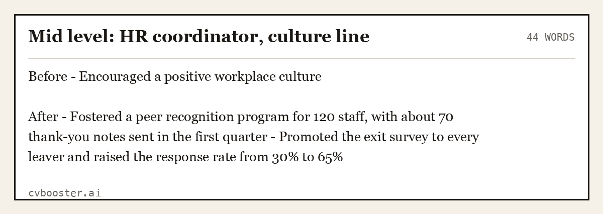 Complete Mid level: HR coordinator, culture line example, 44 words, laid out as it would sit in the application form