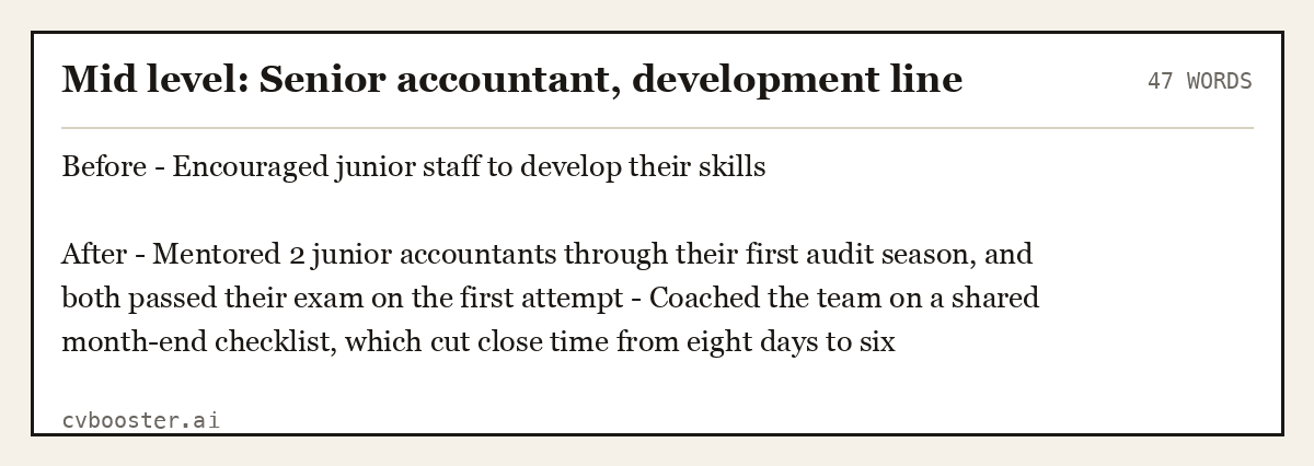 Complete Mid level: Senior accountant, development line example, 47 words, laid out as it would sit in the application form