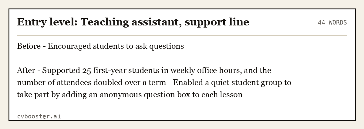 Complete Entry level: Teaching assistant, support line example, 44 words, laid out as it would sit in the application form