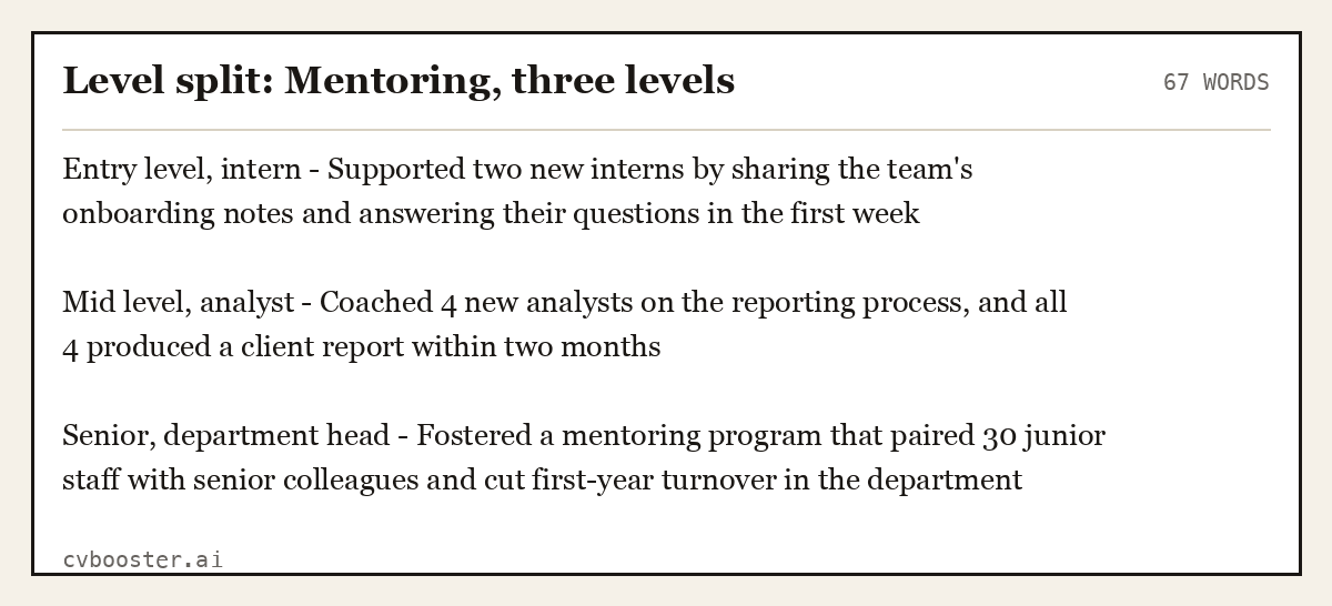 Complete Level split: Mentoring, three levels example, 67 words, laid out as it would sit in the application form