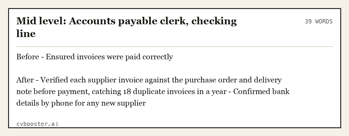 Complete Mid level: Accounts payable clerk, checking line example, 39 words, laid out as it would sit in the application form