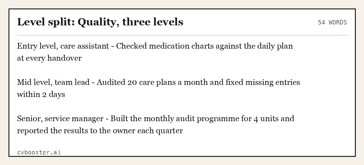Complete Level split: Quality, three levels example, 54 words, laid out as it would sit in the application form
