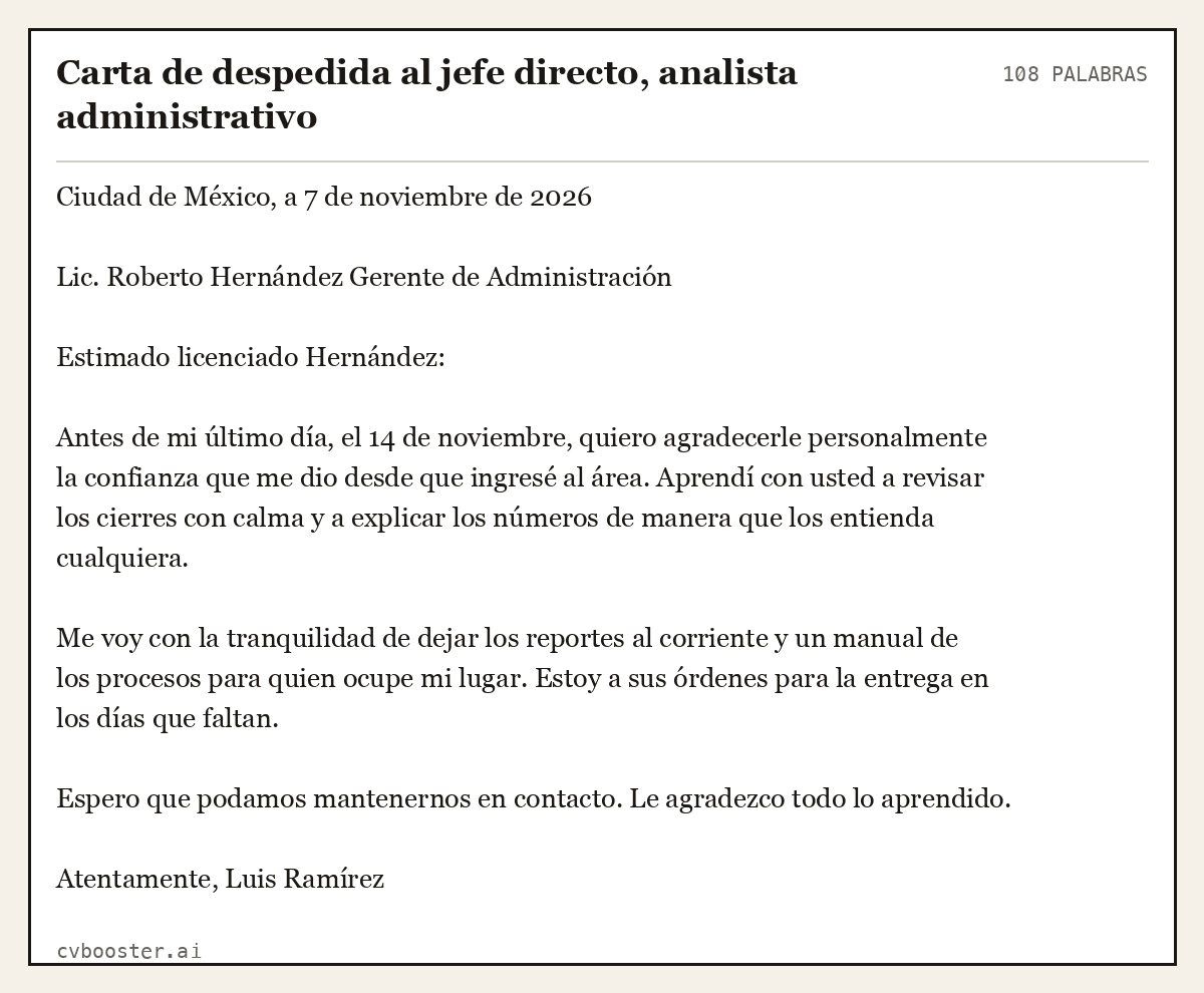 Ejemplo completo: Carta de despedida al jefe directo, analista administrativo, 108 palabras