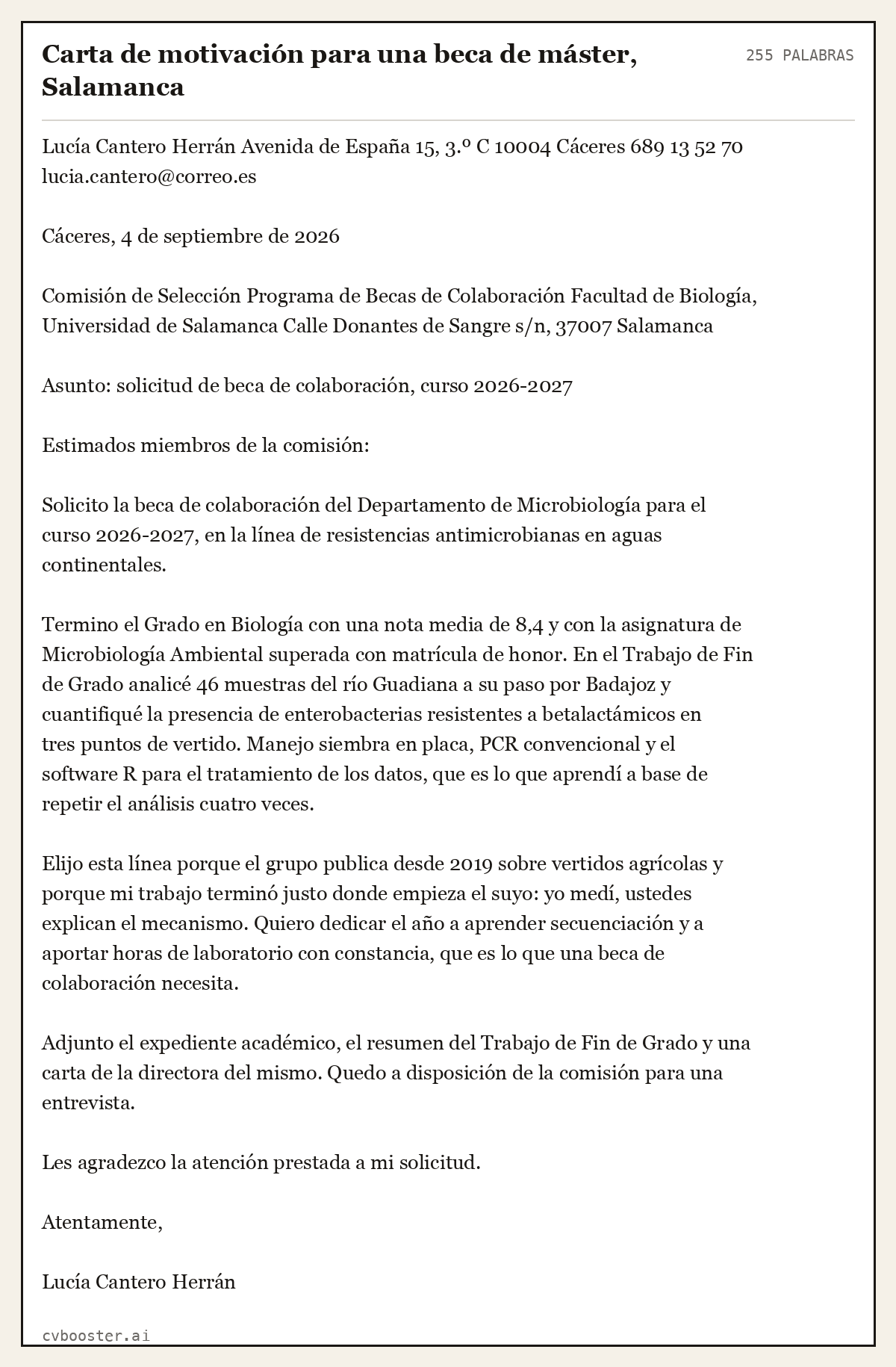 Ejemplo completo: Carta de motivación para una beca de máster, Salamanca, 255 palabras