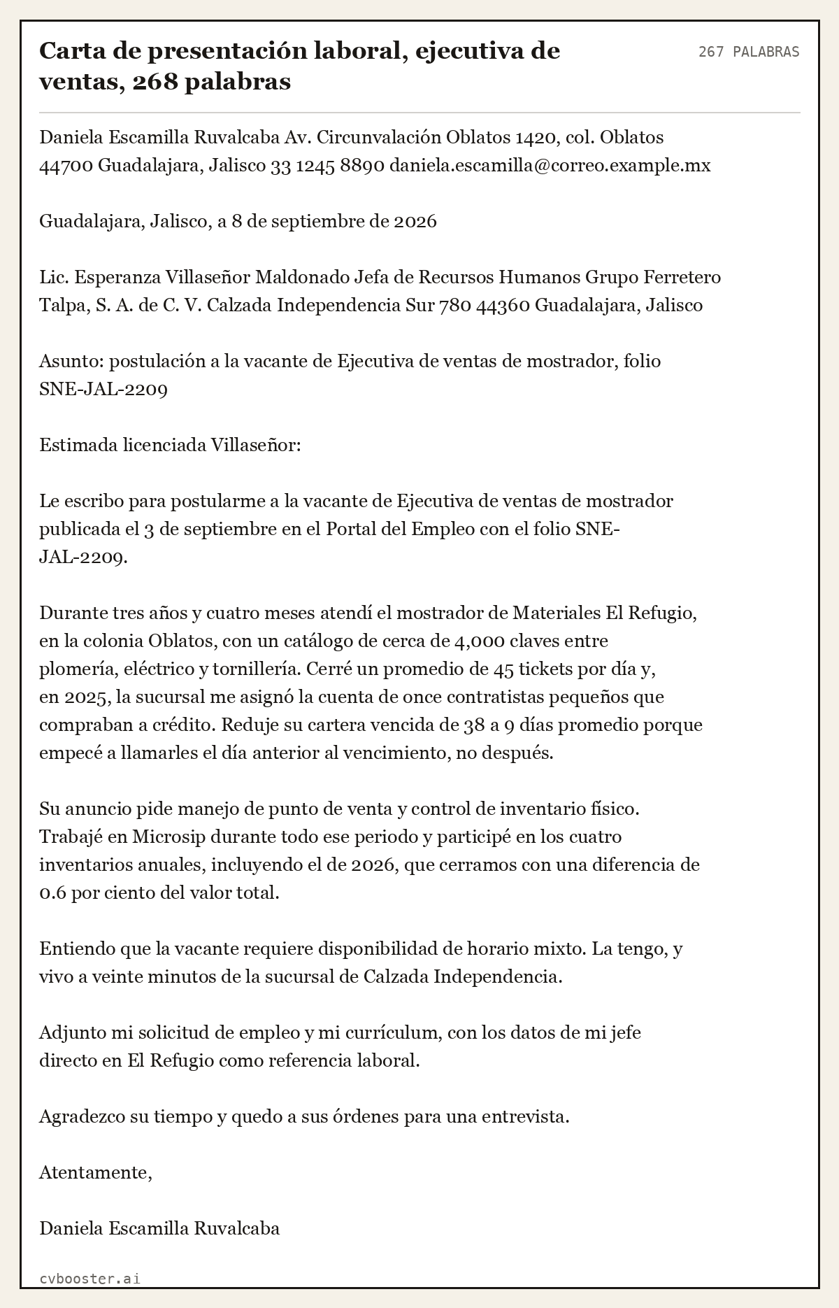 Ejemplo completo: Carta de presentación laboral, ejecutiva de ventas, 268 palabras, 267 palabras
