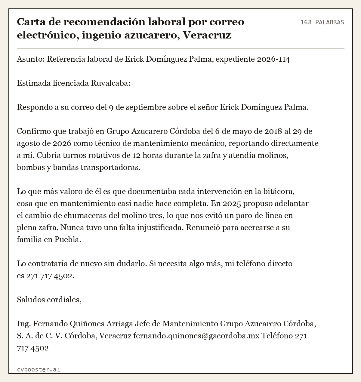 Ejemplo completo: Carta de recomendación laboral por correo electrónico, ingenio azucarero, Veracruz, 168 palabras