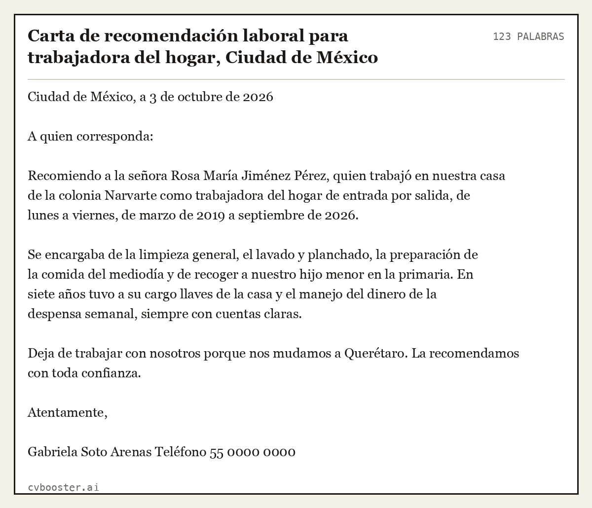 Ejemplo completo: Carta de recomendación laboral para trabajadora del hogar, Ciudad de México, 123 palabras