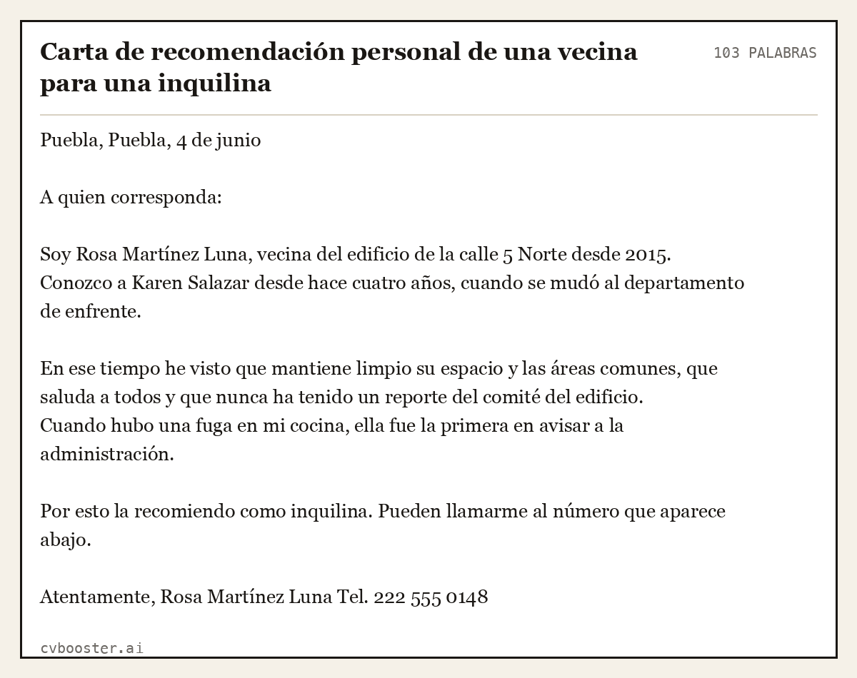Ejemplo completo: Carta de recomendación personal de una vecina para una inquilina, 103 palabras