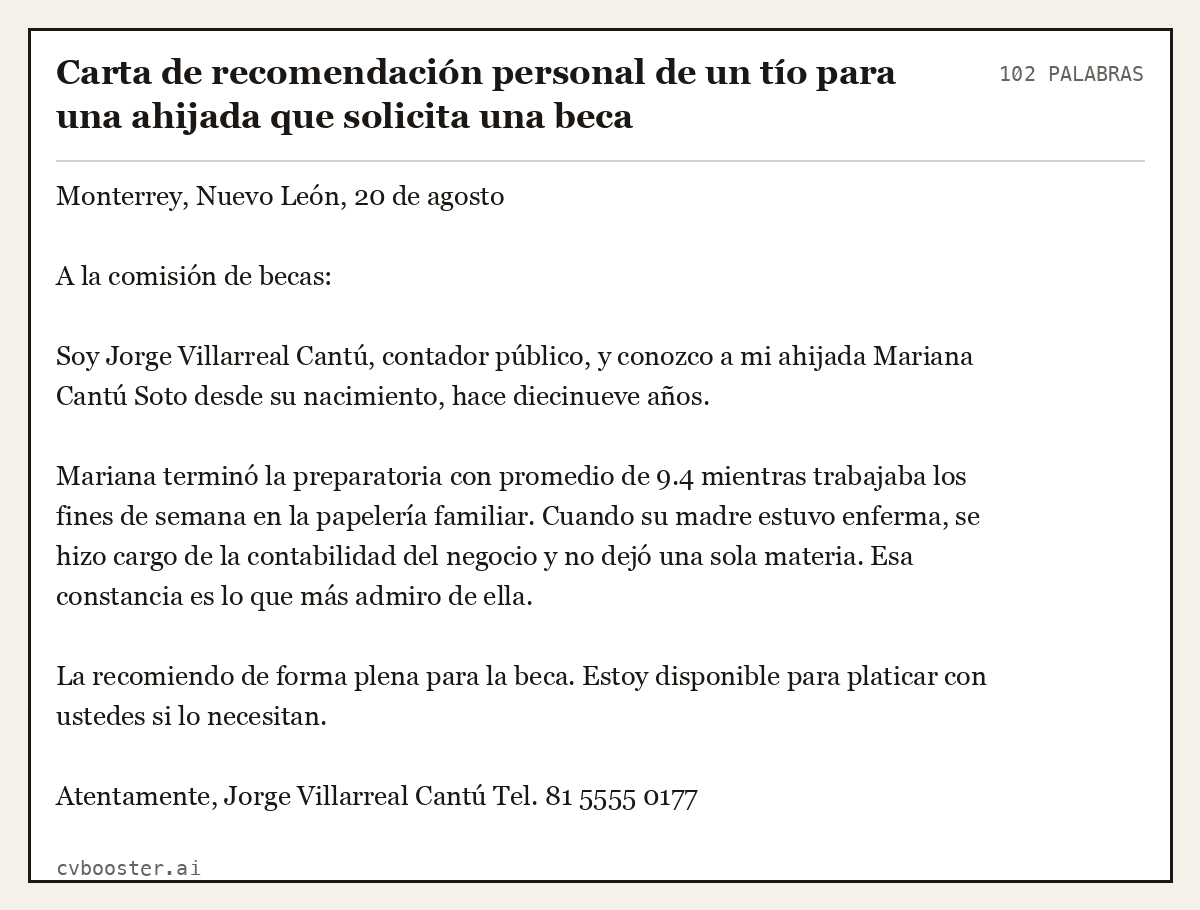 Ejemplo completo: Carta de recomendación personal de un tío para una ahijada que solicita una beca, 102 palabras