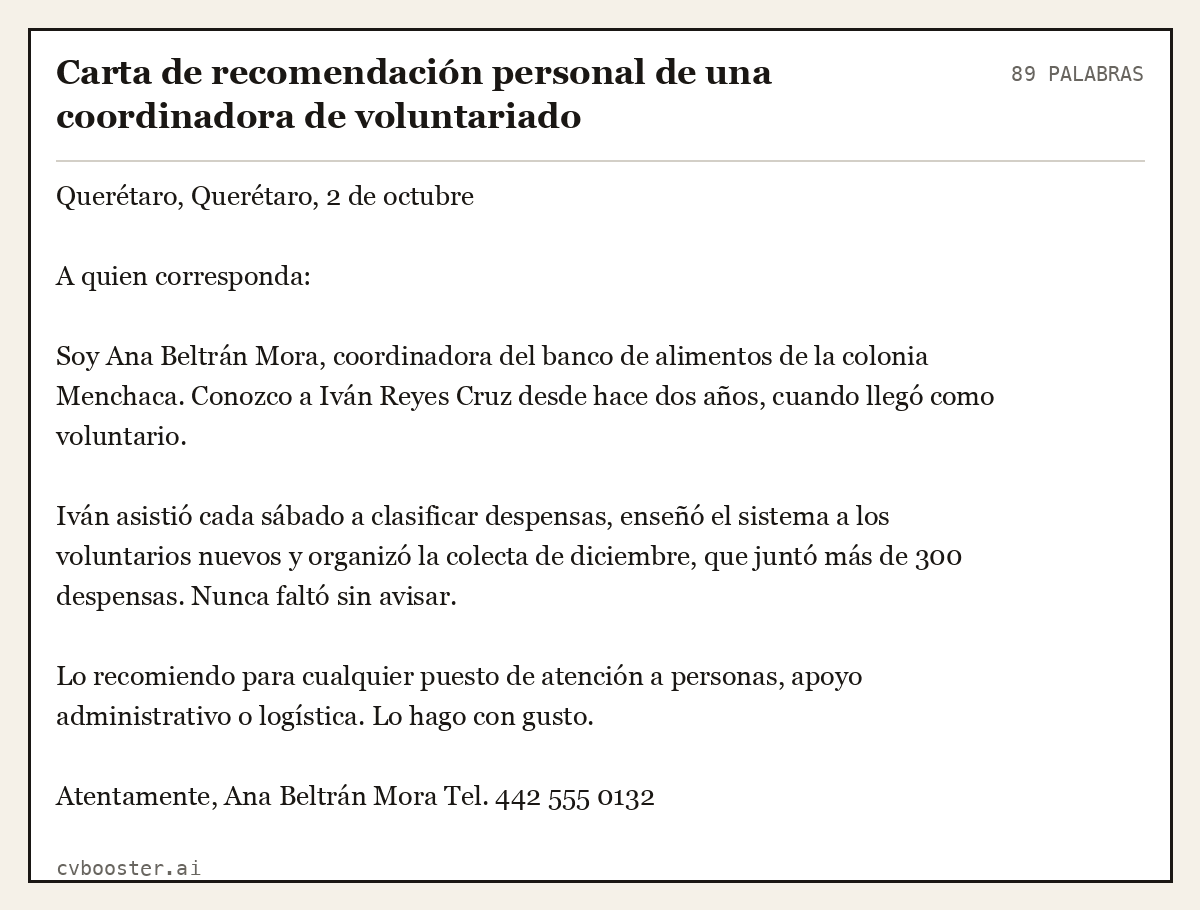 Ejemplo completo: Carta de recomendación personal de una coordinadora de voluntariado, 89 palabras