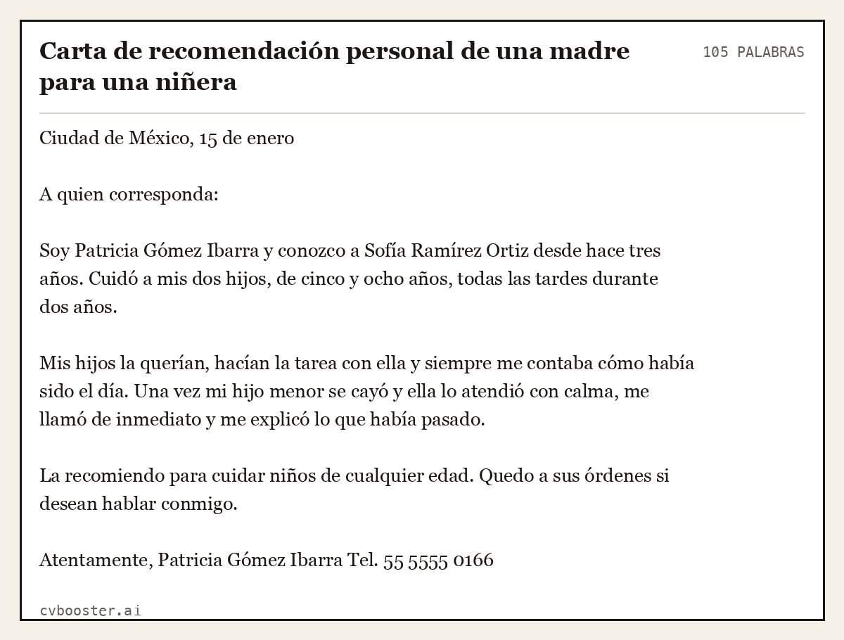 Ejemplo completo: Carta de recomendación personal de una madre para una niñera, 105 palabras