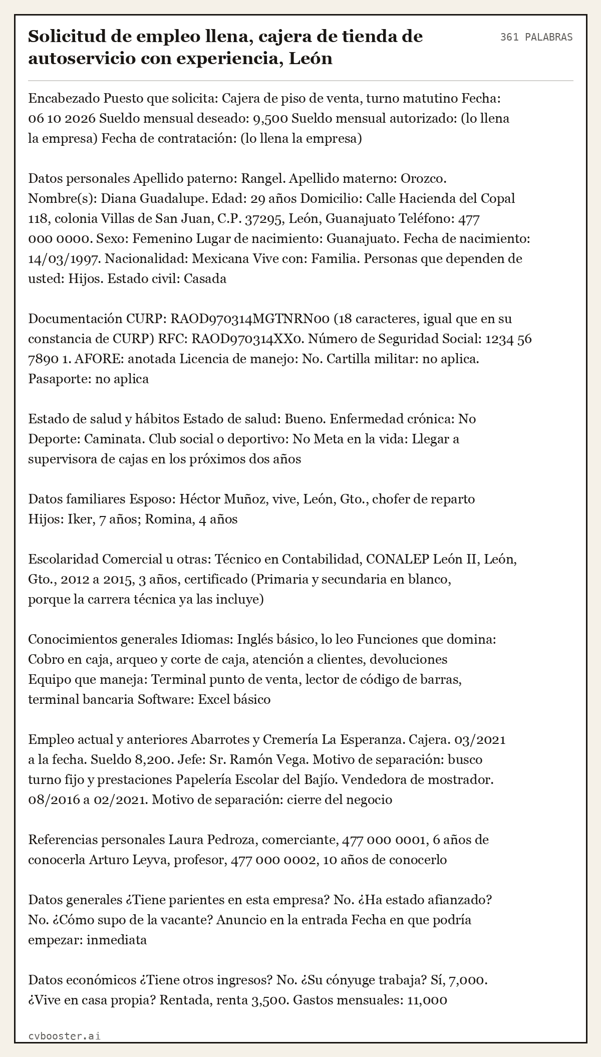Ejemplo completo: Solicitud de empleo llena, cajera de tienda de autoservicio con experiencia, León, 361 palabras