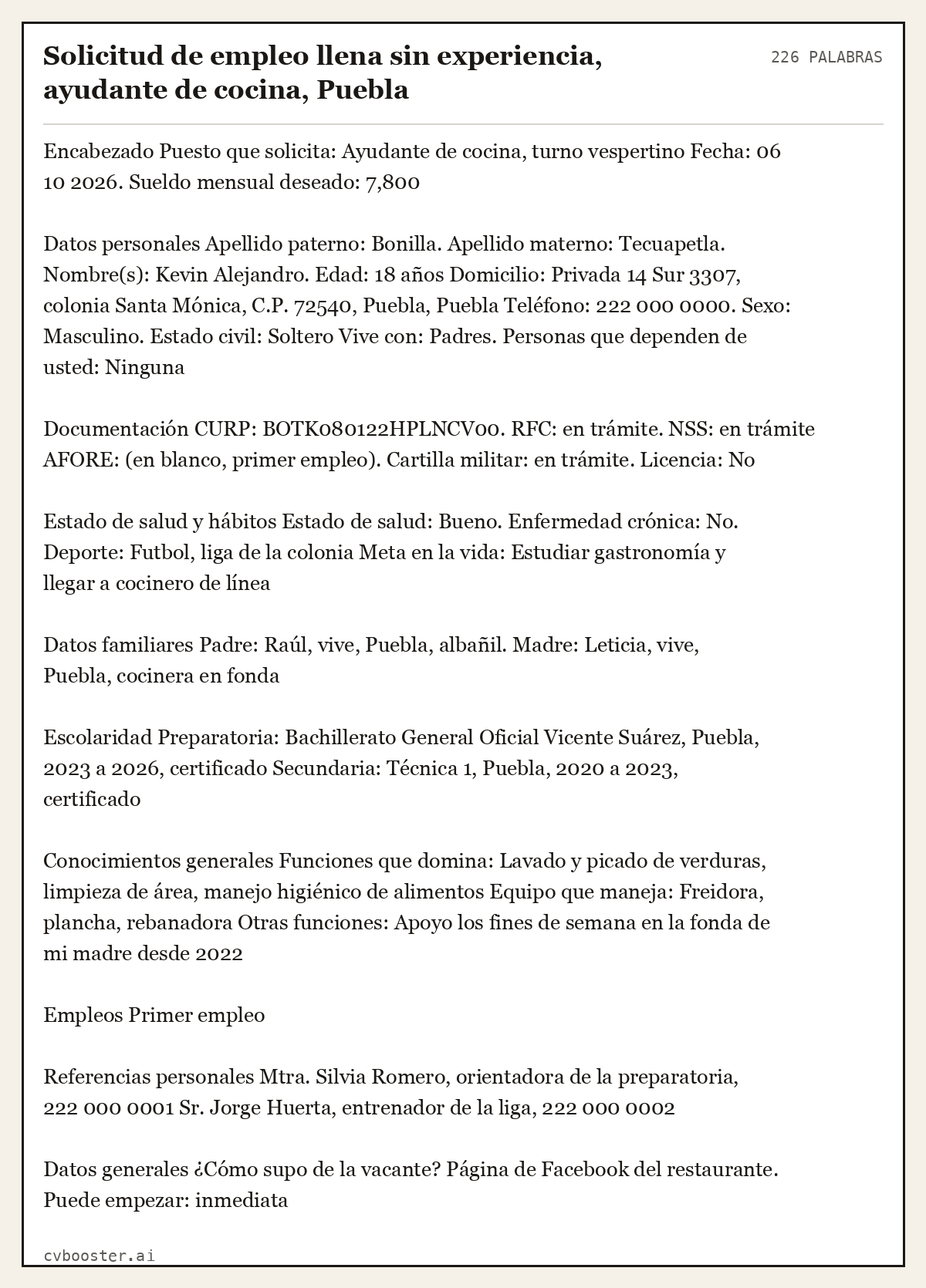 Ejemplo completo: Solicitud de empleo llena sin experiencia, ayudante de cocina, Puebla, 226 palabras
