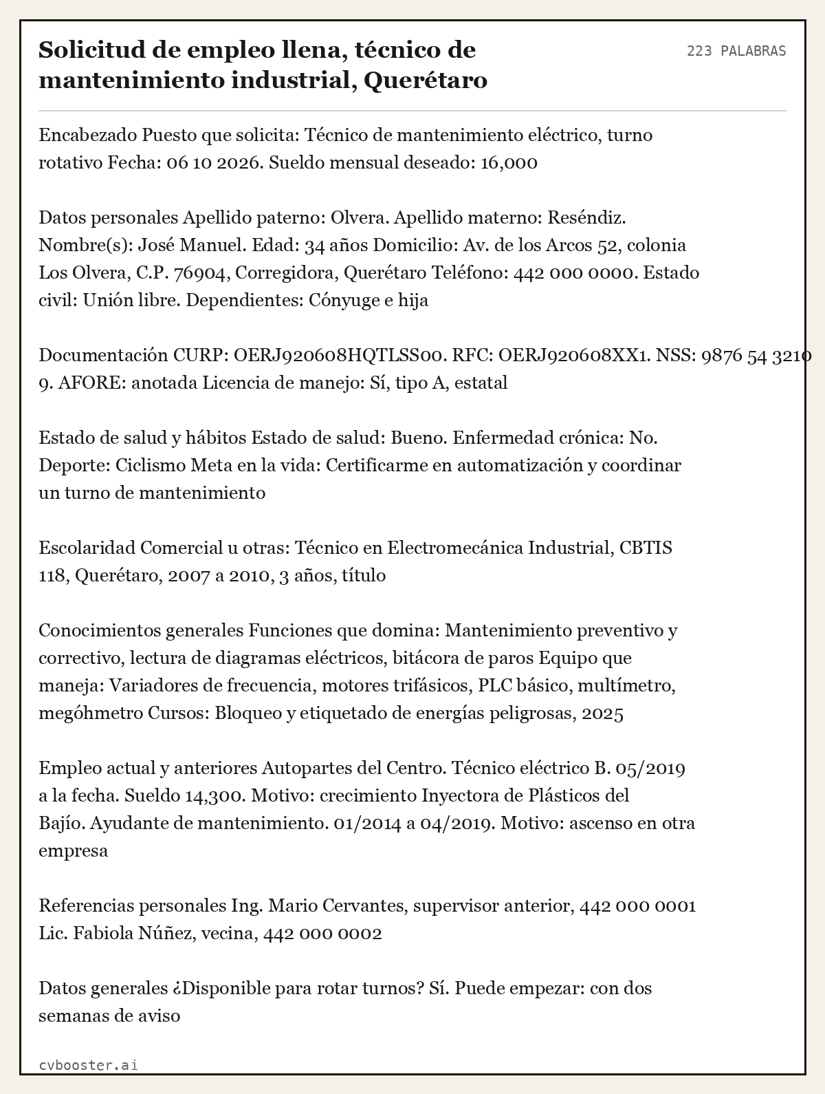 Ejemplo completo: Solicitud de empleo llena, técnico de mantenimiento industrial, Querétaro, 223 palabras