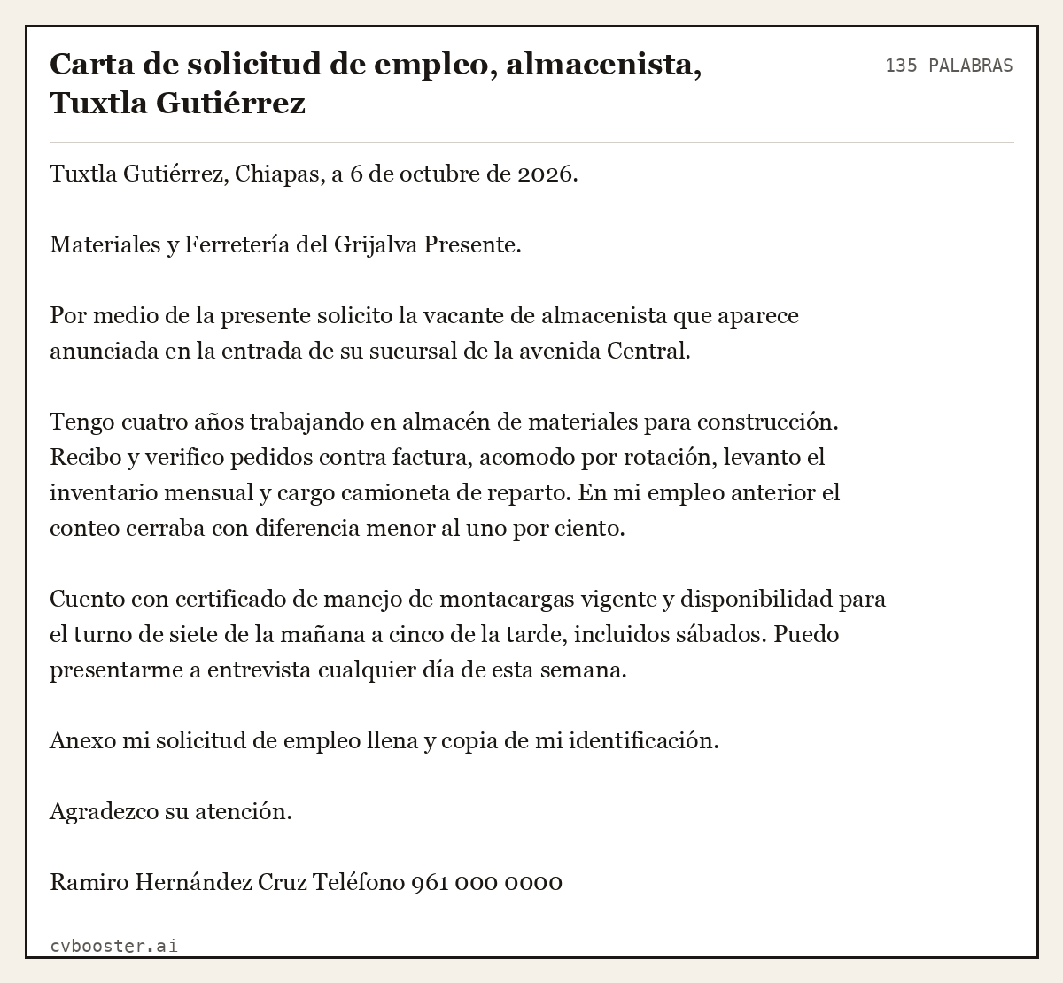 Ejemplo completo: Carta de solicitud de empleo, almacenista, Tuxtla Gutiérrez, 135 palabras