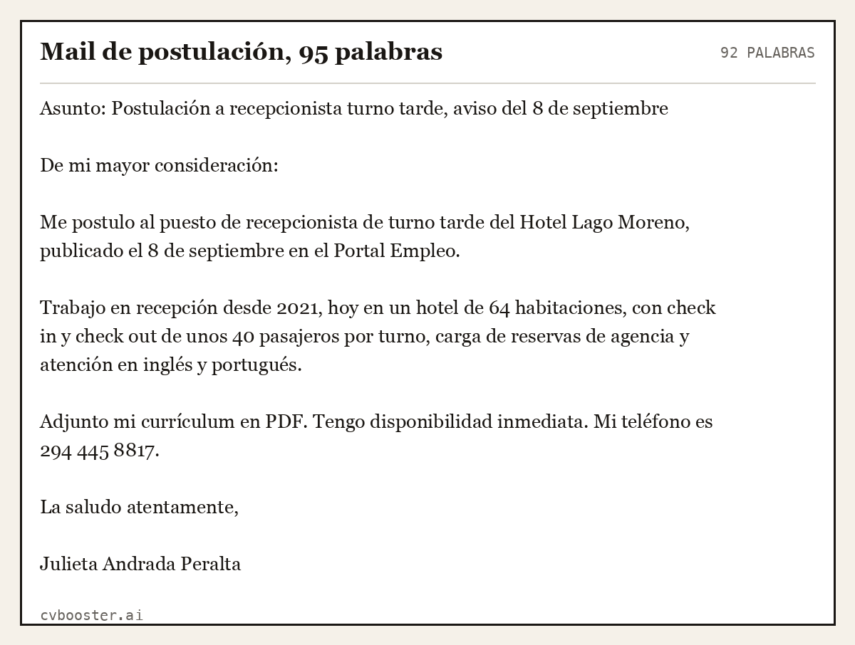 Ejemplo completo: Mail de postulación, 92 palabras