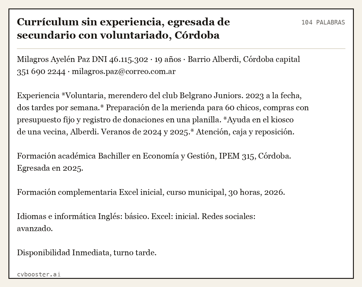Ejemplo completo: Currículum sin experiencia, egresada de secundario con voluntariado, Córdoba, 104 palabras