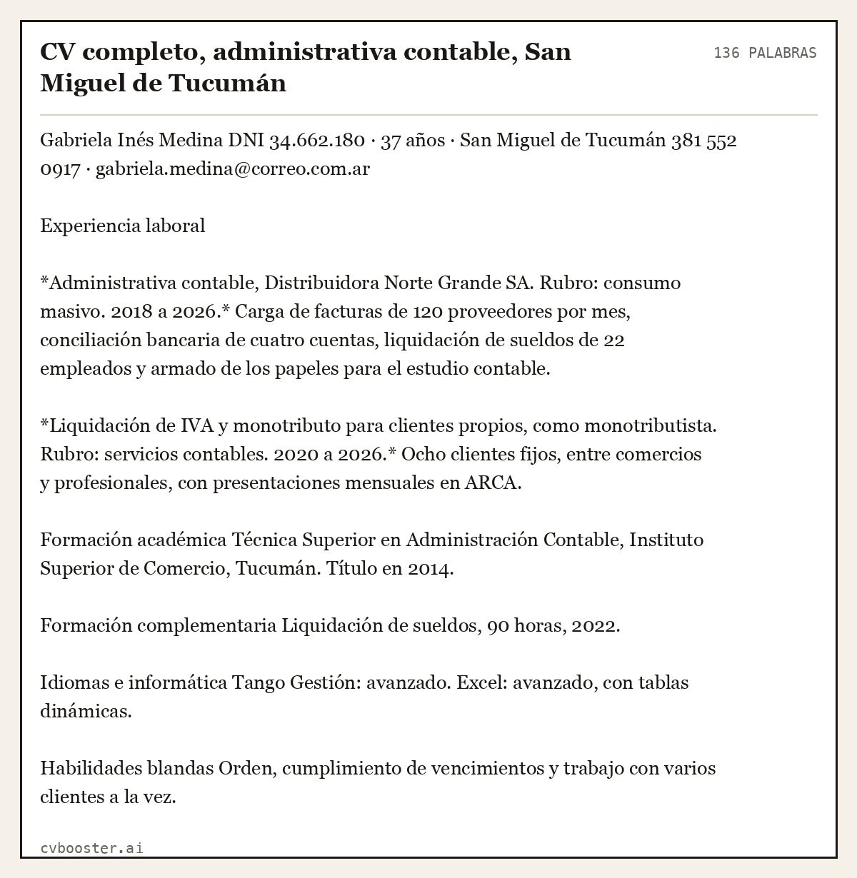 Ejemplo completo: CV completo, administrativa contable, San Miguel de Tucumán, 136 palabras